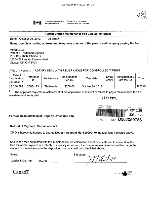 Canadian Patent Document 2288389. Fees 20121026. Image 1 of 1