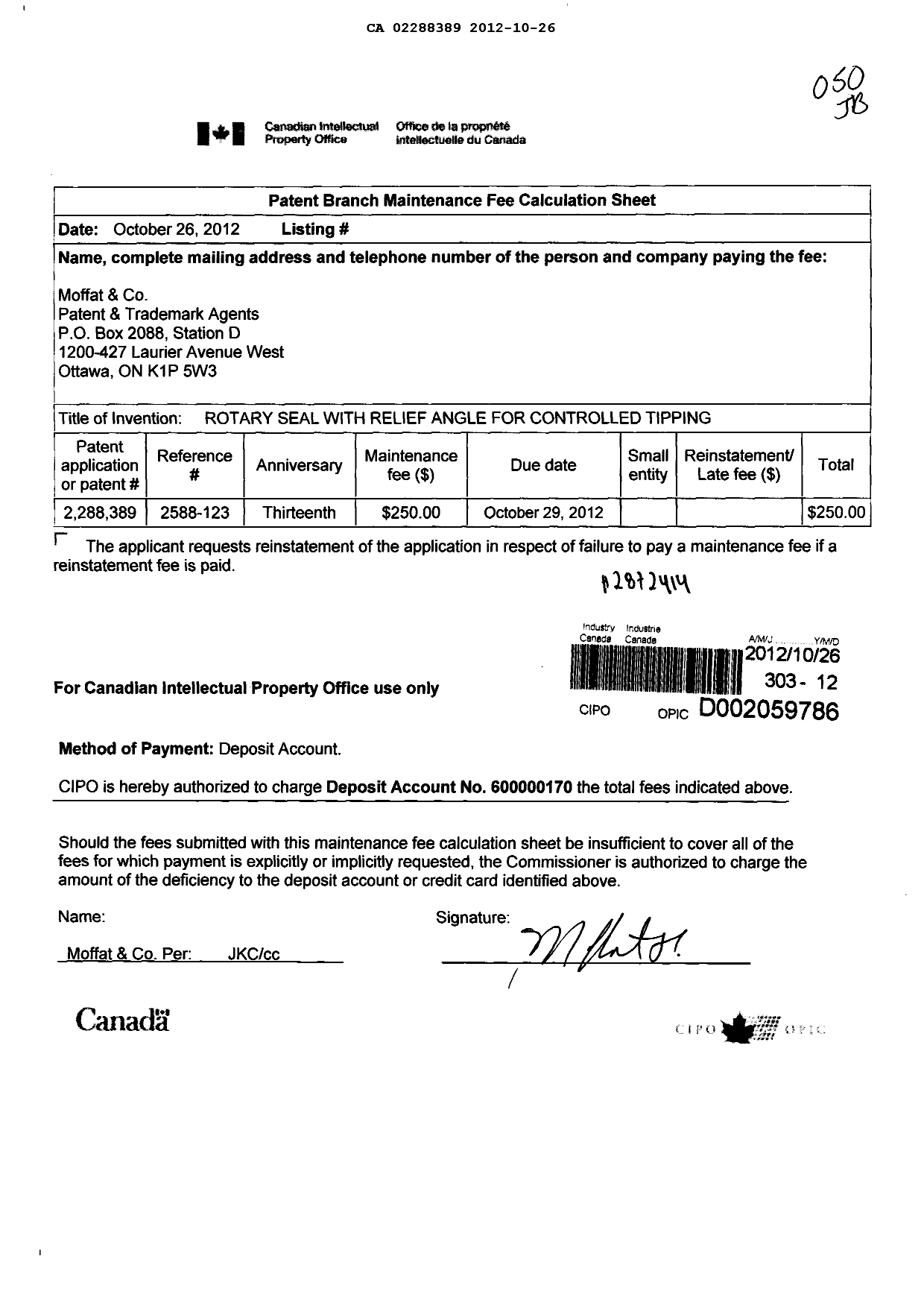 Document de brevet canadien 2288389. Taxes 20121026. Image 1 de 1