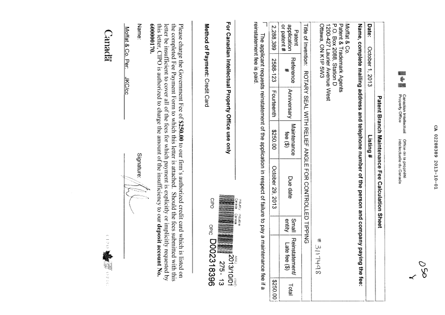 Document de brevet canadien 2288389. Taxes 20131001. Image 1 de 1