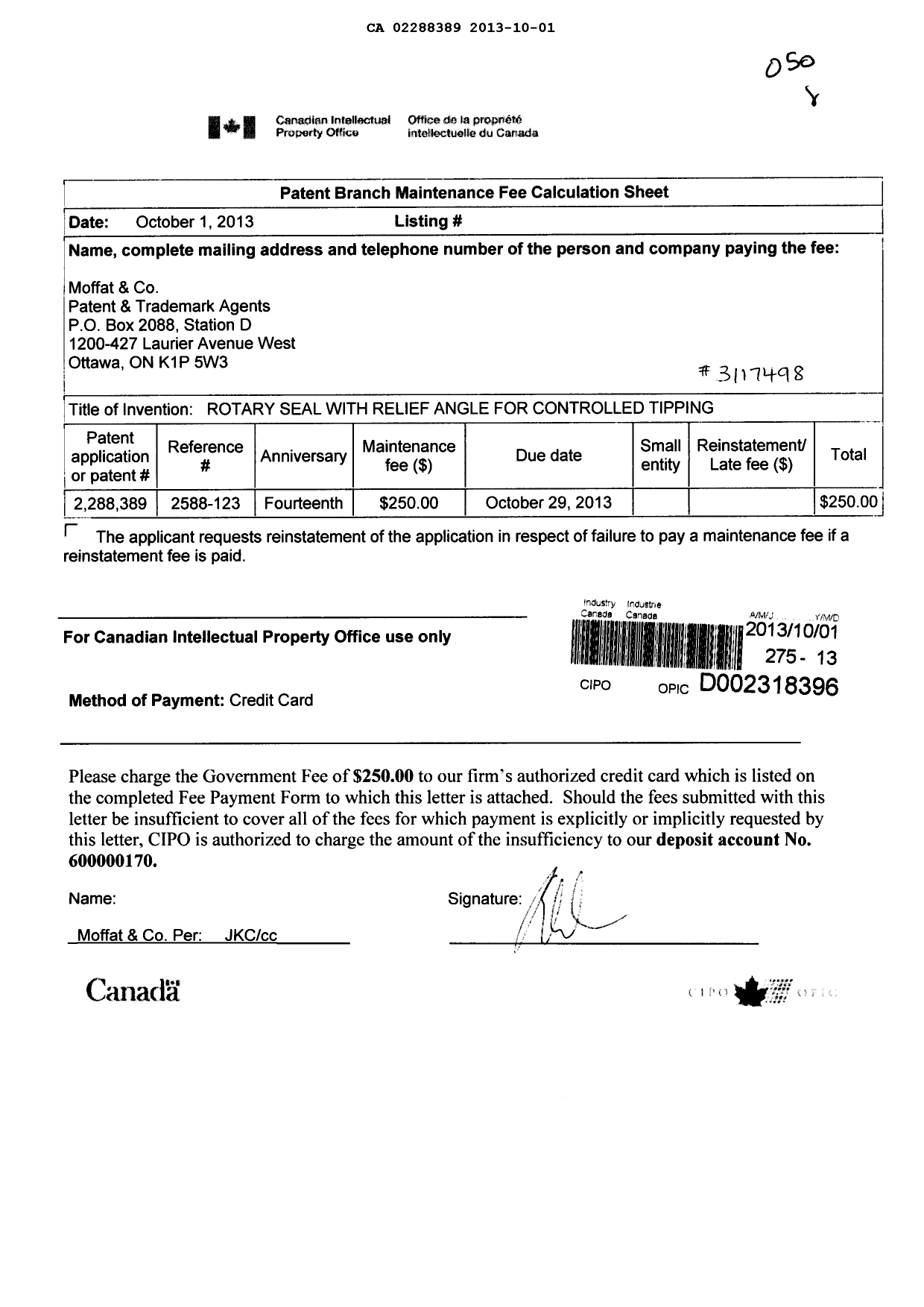 Canadian Patent Document 2288389. Fees 20131001. Image 1 of 1