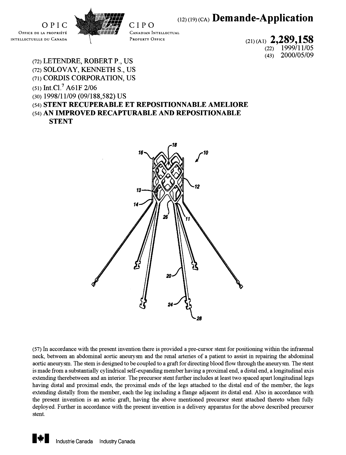 Canadian Patent Document 2289158. Cover Page 20000503. Image 1 of 1
