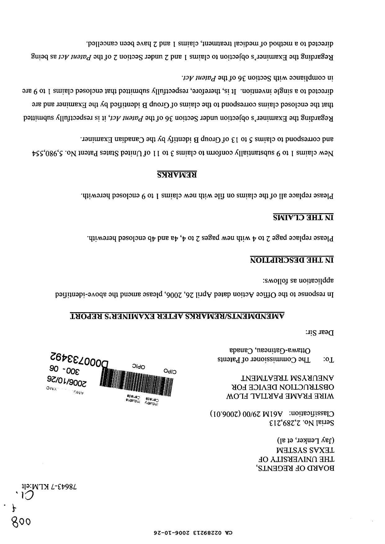 Canadian Patent Document 2289213. Prosecution-Amendment 20051226. Image 1 of 12