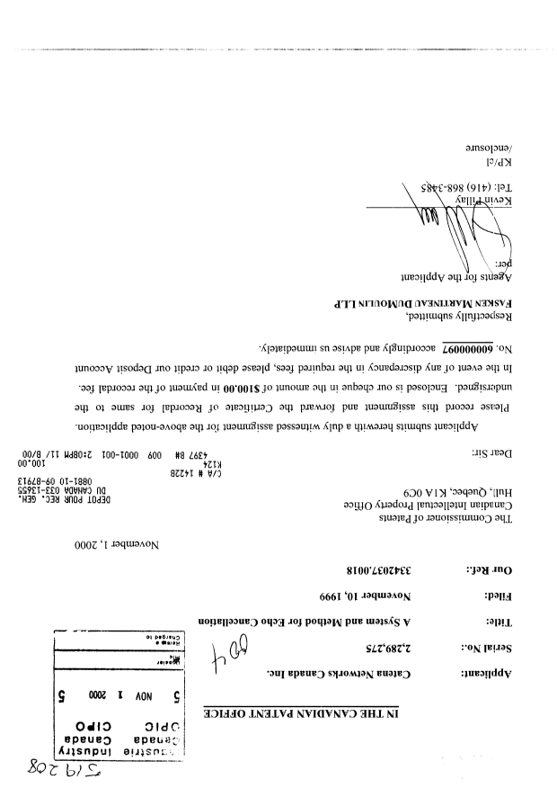 Document de brevet canadien 2289275. Cession 20001101. Image 1 de 3