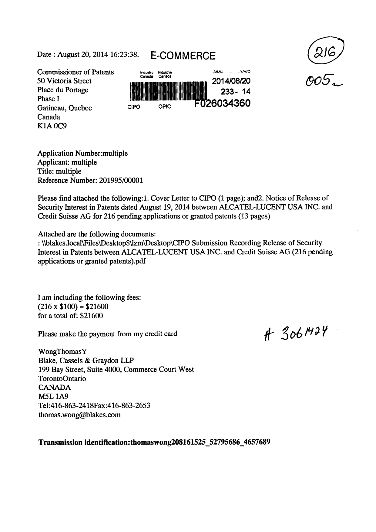 Document de brevet canadien 2289344. Cession 20140820. Image 1 de 18