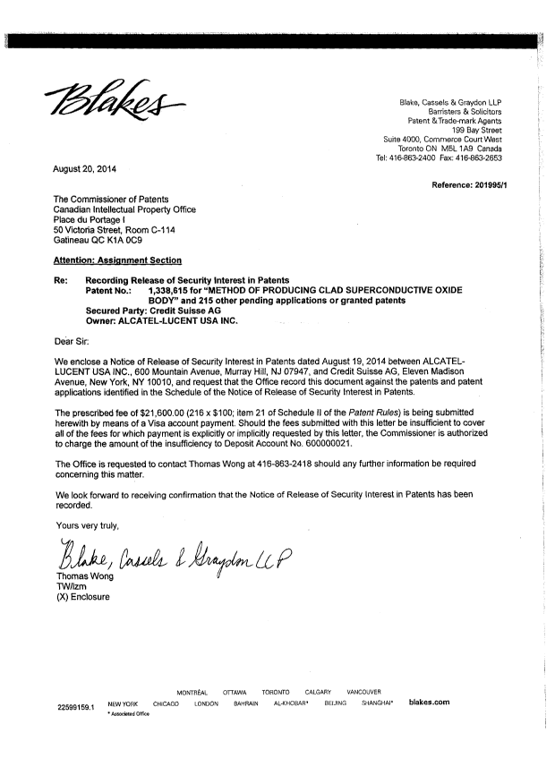 Document de brevet canadien 2289344. Cession 20140820. Image 2 de 18