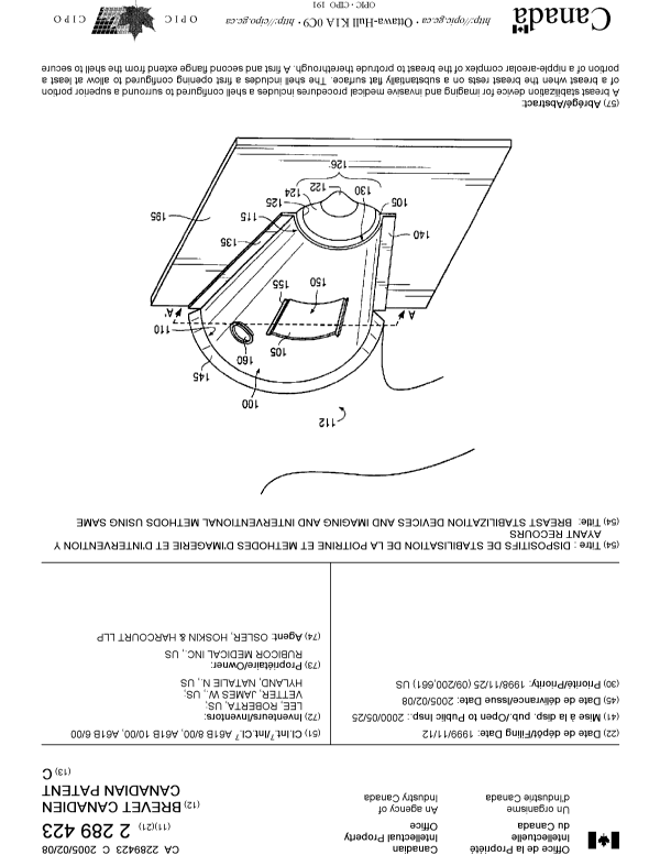 Canadian Patent Document 2289423. Cover Page 20050113. Image 1 of 2