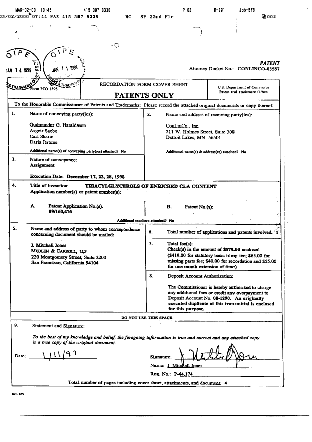 Document de brevet canadien 2289648. Cession 20000307. Image 2 de 7