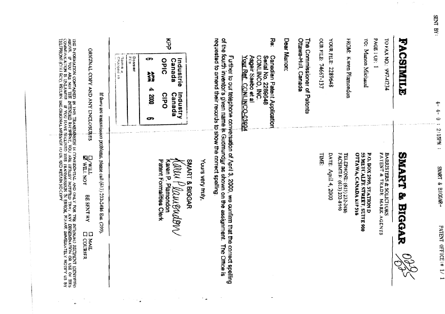 Document de brevet canadien 2289648. Cession 20000404. Image 1 de 1