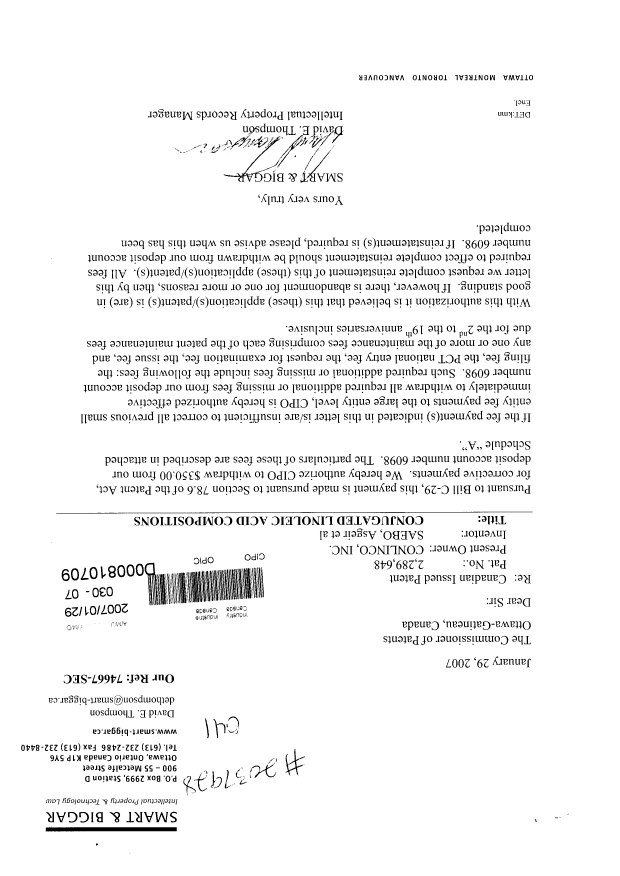 Canadian Patent Document 2289648. Prosecution-Amendment 20070129. Image 1 of 2