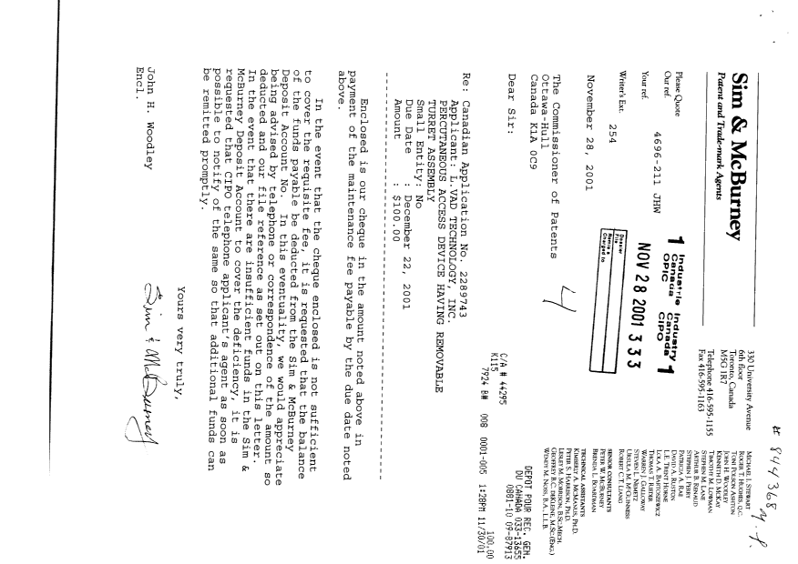 Document de brevet canadien 2289743. Taxes 20011128. Image 1 de 1