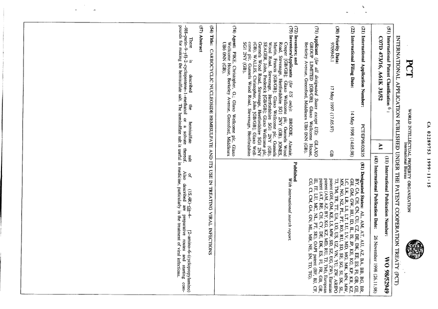 Document de brevet canadien 2289753. Abrégé 19981215. Image 1 de 1