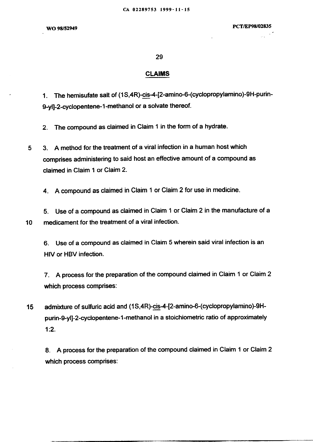 Document de brevet canadien 2289753. Revendications 19981215. Image 1 de 3
