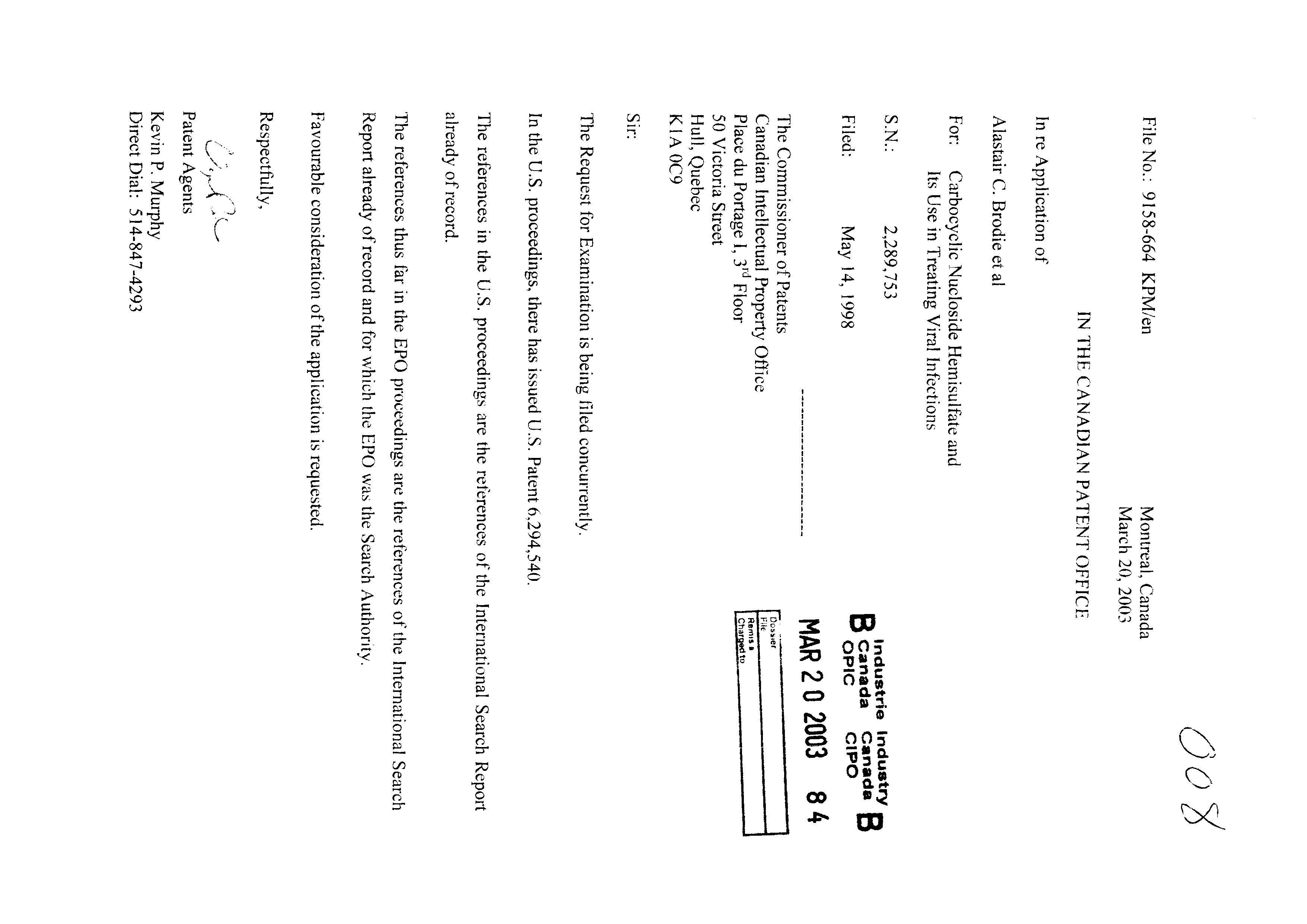 Document de brevet canadien 2289753. Poursuite-Amendment 20021220. Image 1 de 1