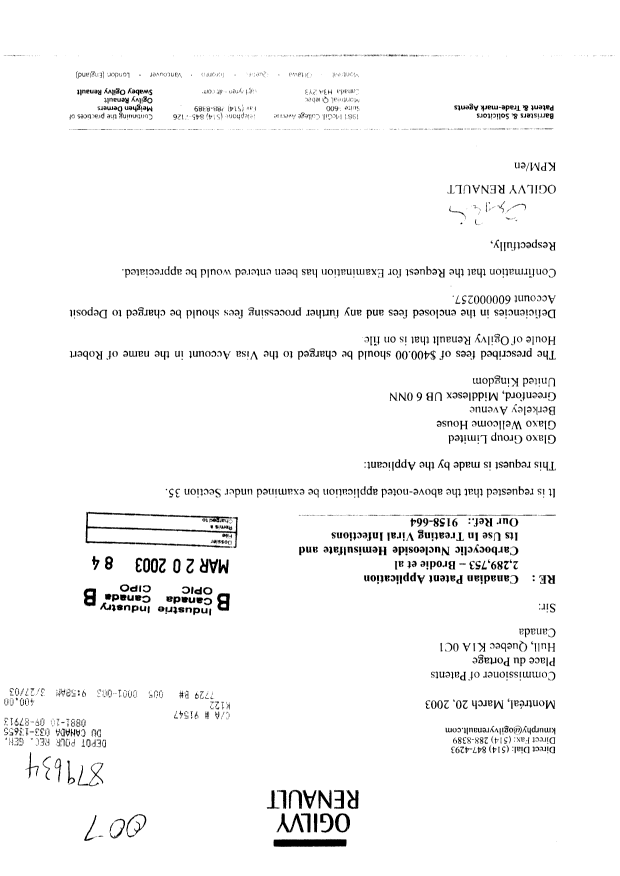 Canadian Patent Document 2289753. Prosecution-Amendment 20021220. Image 1 of 1