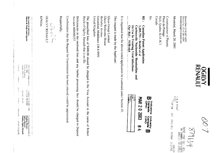 Document de brevet canadien 2289753. Poursuite-Amendment 20021220. Image 1 de 1