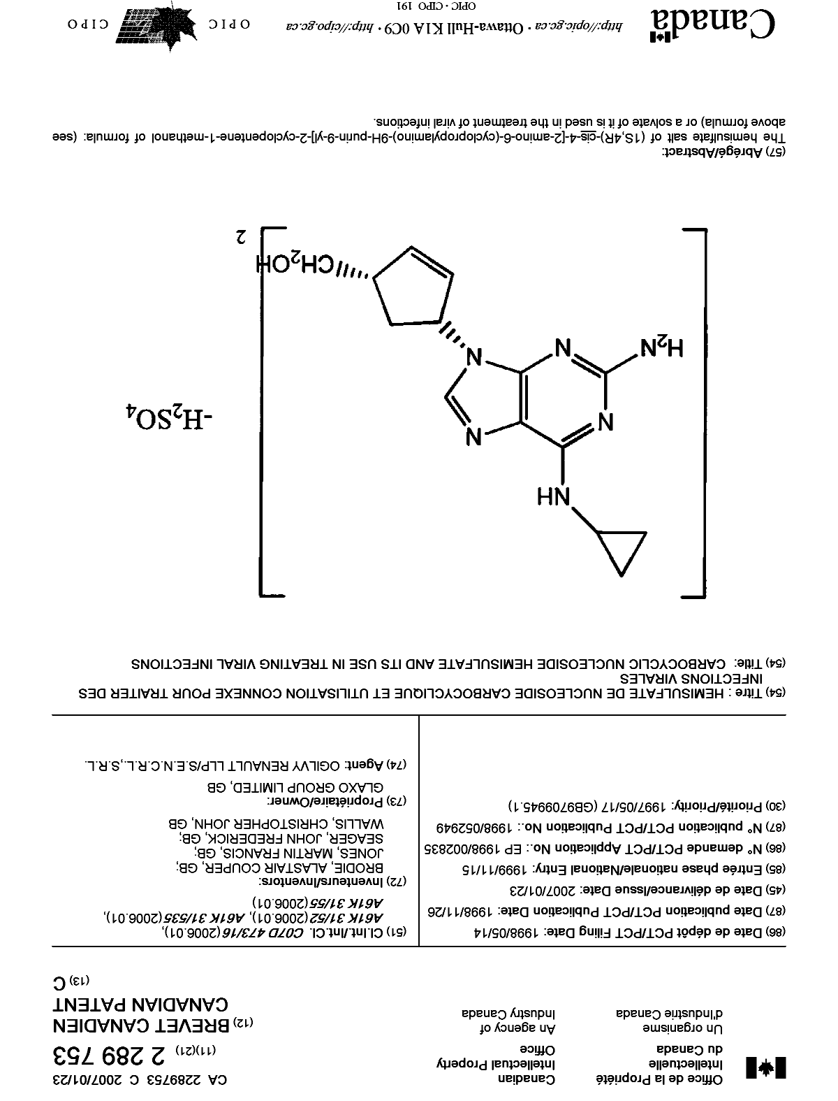 Document de brevet canadien 2289753. Page couverture 20051220. Image 1 de 1