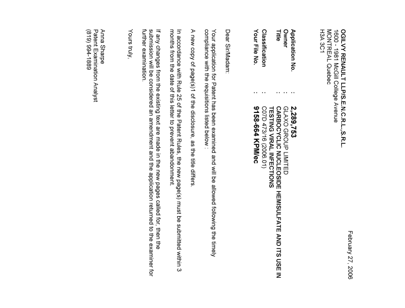 Document de brevet canadien 2289753. Correspondance 20051227. Image 1 de 1