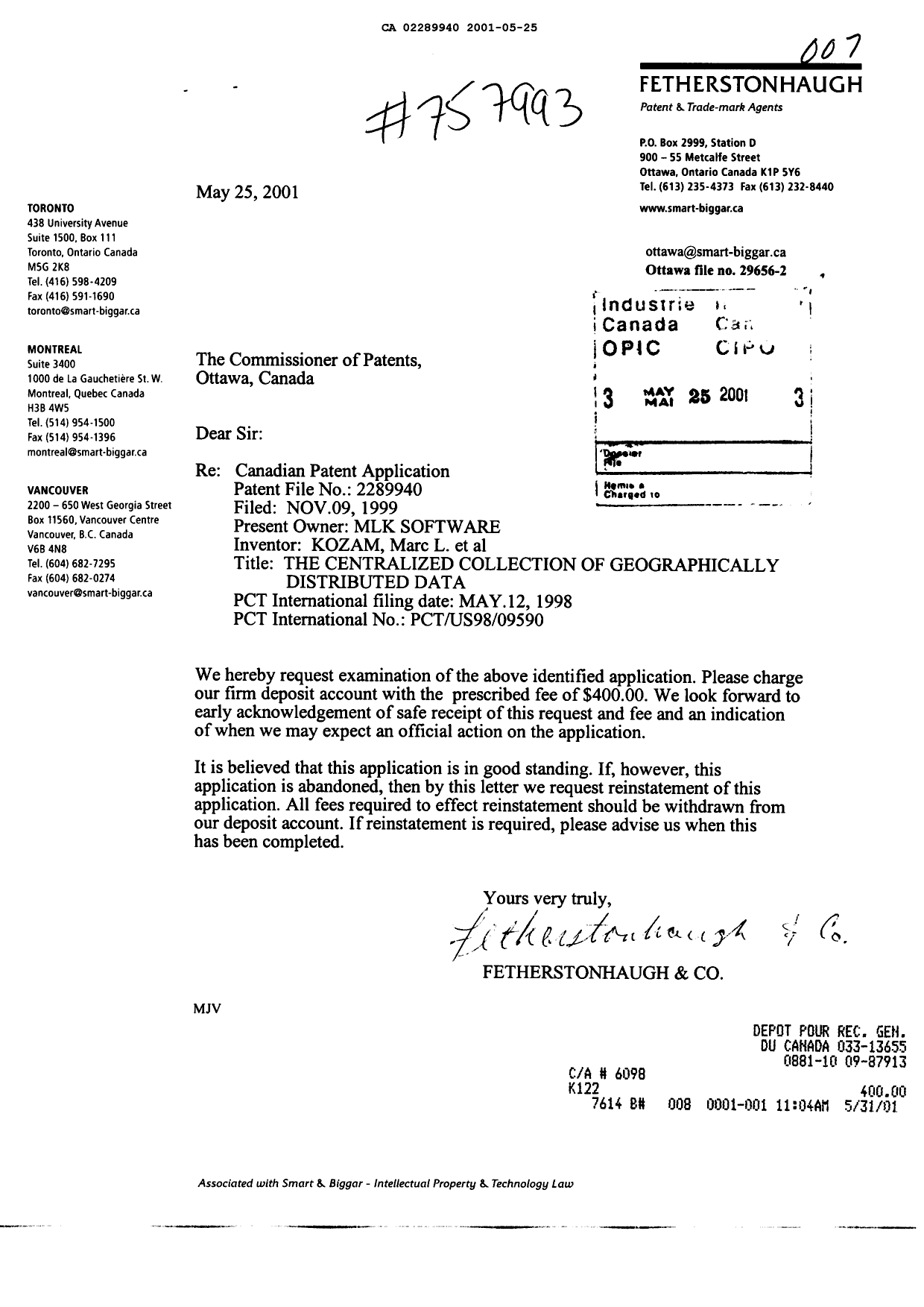 Document de brevet canadien 2289940. Poursuite-Amendment 20001225. Image 1 de 1