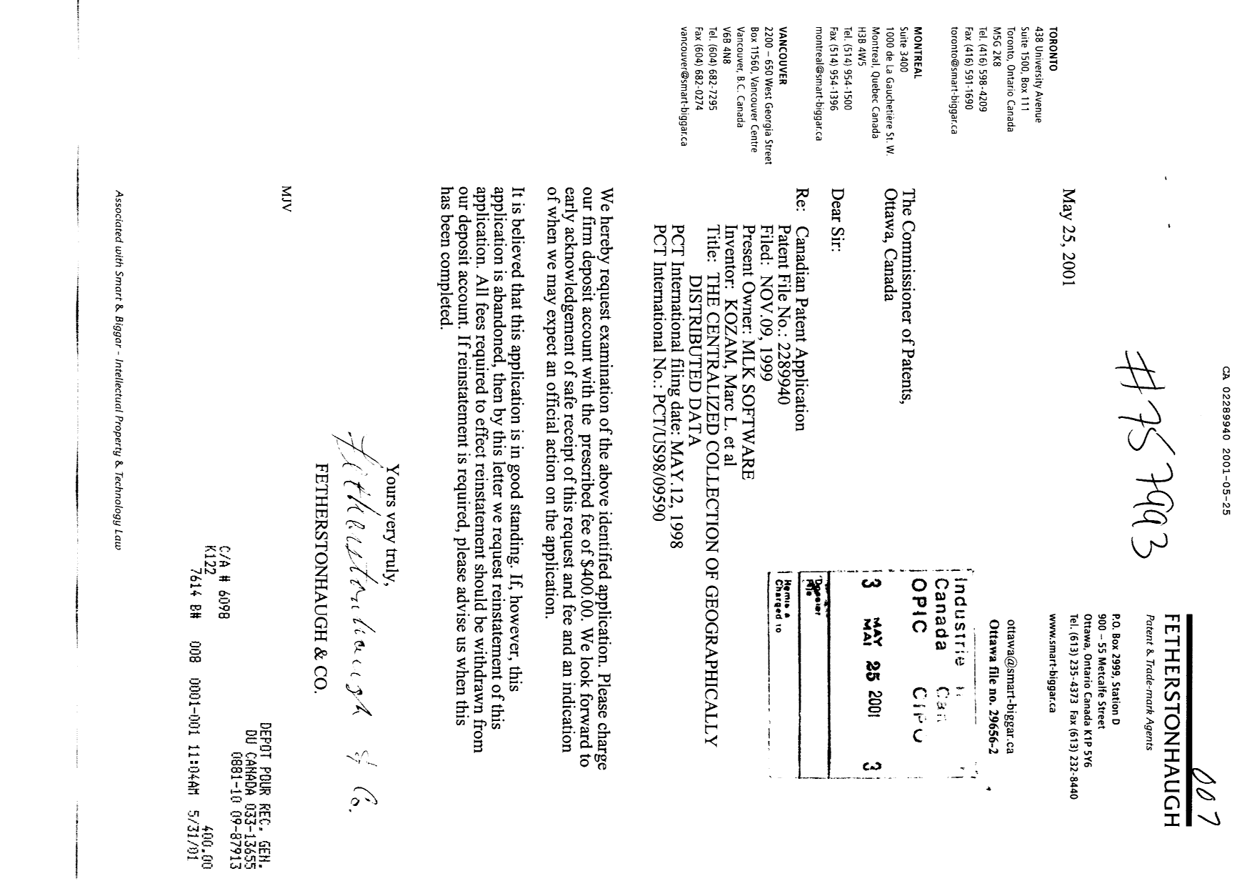 Document de brevet canadien 2289940. Poursuite-Amendment 20010525. Image 1 de 1