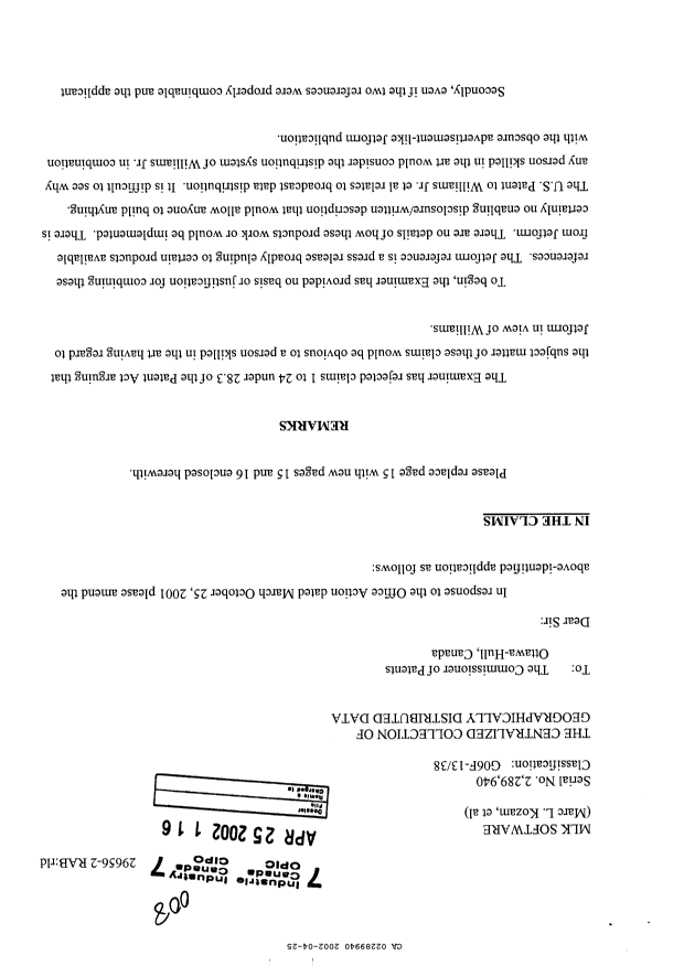 Document de brevet canadien 2289940. Poursuite-Amendment 20011225. Image 1 de 4