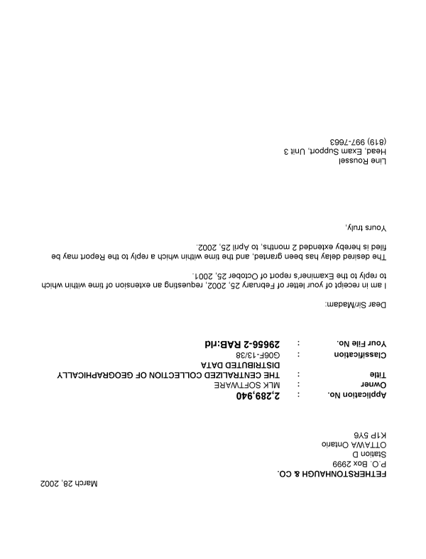 Document de brevet canadien 2289940. Correspondance 20020328. Image 1 de 1