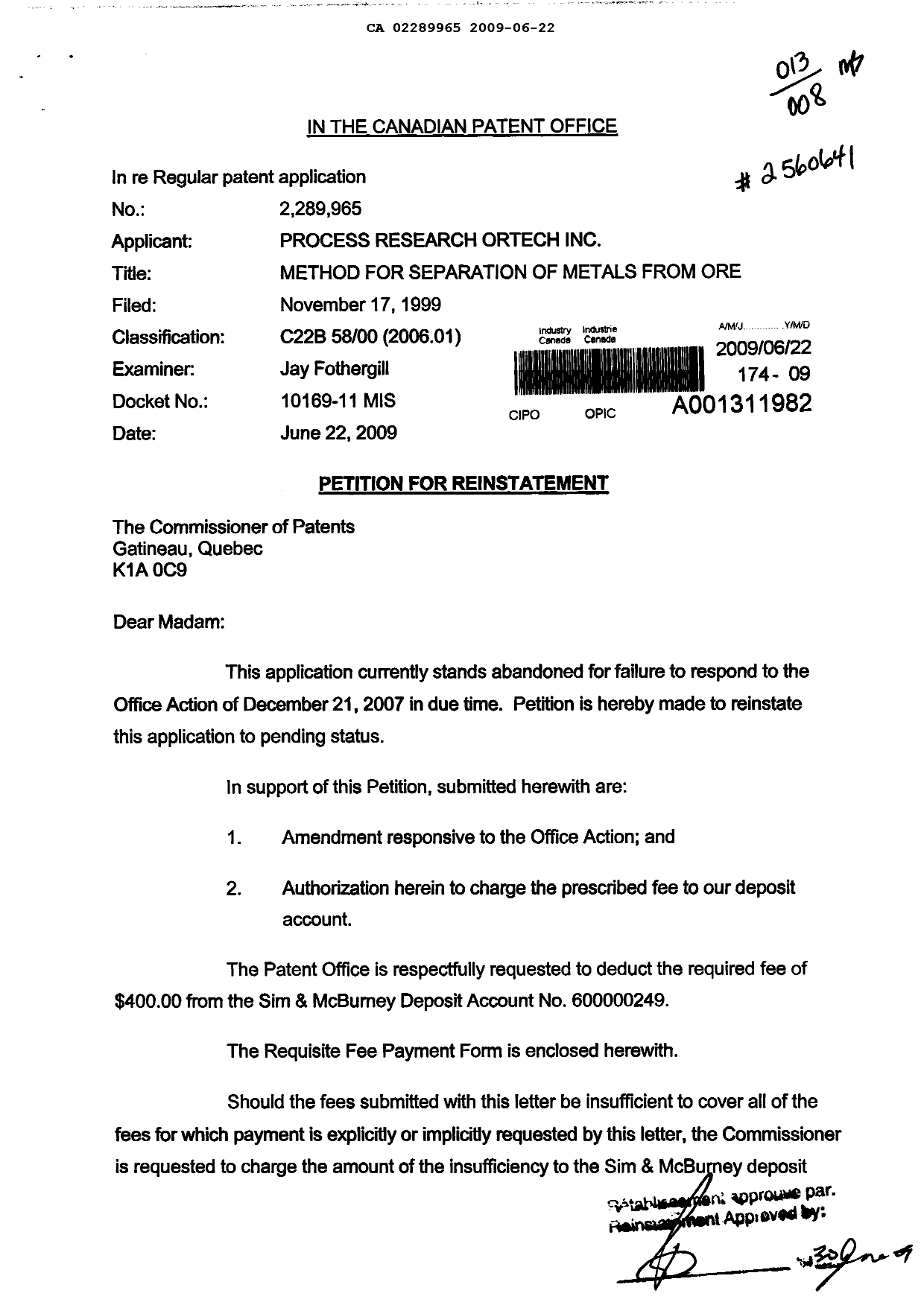 Canadian Patent Document 2289965. Prosecution-Amendment 20081222. Image 1 of 6