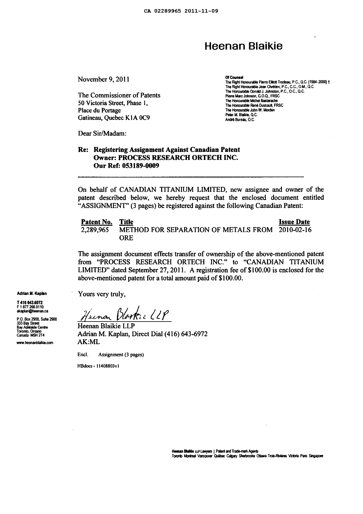 Document de brevet canadien 2289965. Cession 20101209. Image 2 de 5