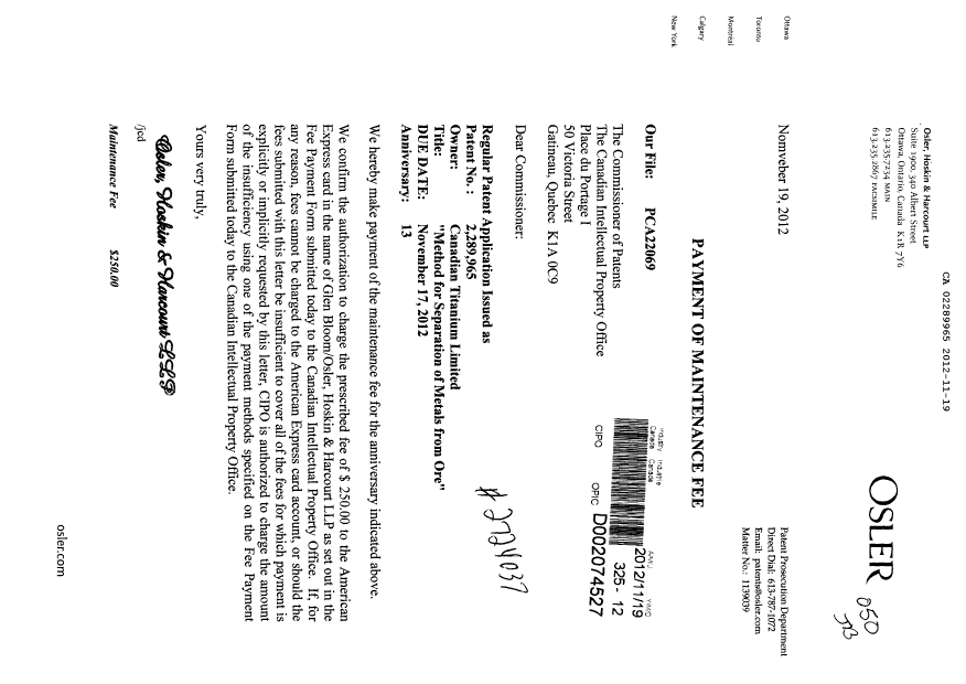 Document de brevet canadien 2289965. Taxes 20121119. Image 1 de 1