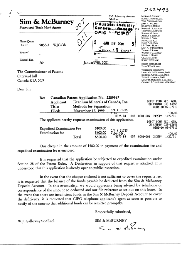 Document de brevet canadien 2289967. Poursuite-Amendment 20001218. Image 1 de 2