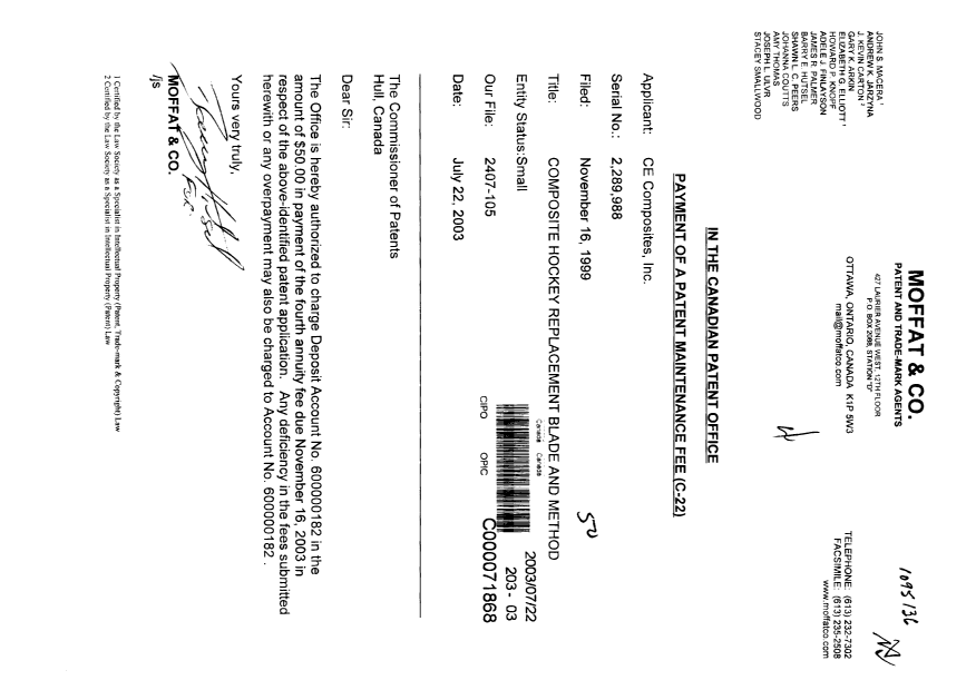 Canadian Patent Document 2289988. Fees 20030722. Image 1 of 1