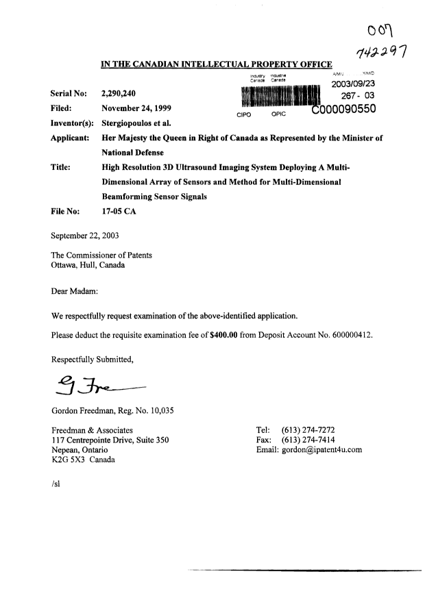 Canadian Patent Document 2290240. Prosecution-Amendment 20030923. Image 1 of 1