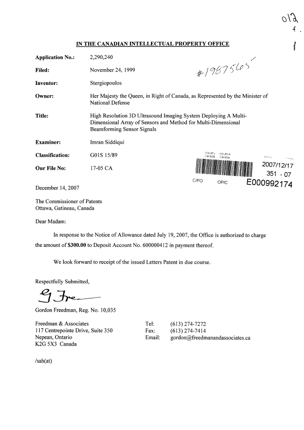 Document de brevet canadien 2290240. Correspondance 20071217. Image 1 de 1