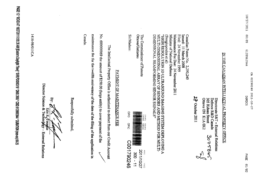 Canadian Patent Document 2290240. Fees 20111027. Image 1 of 1