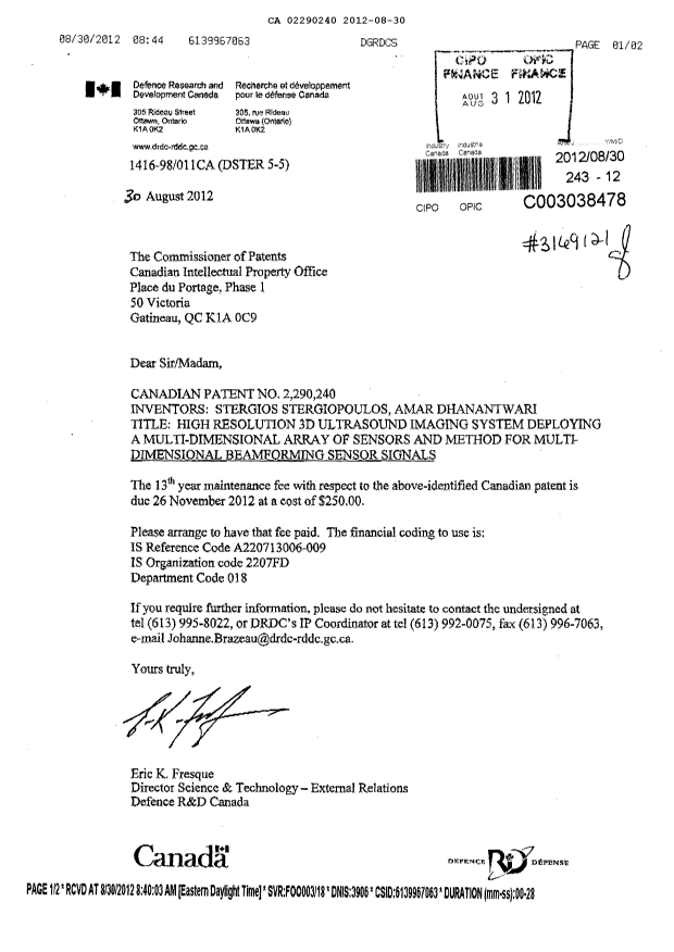 Document de brevet canadien 2290240. Taxes 20120830. Image 1 de 1