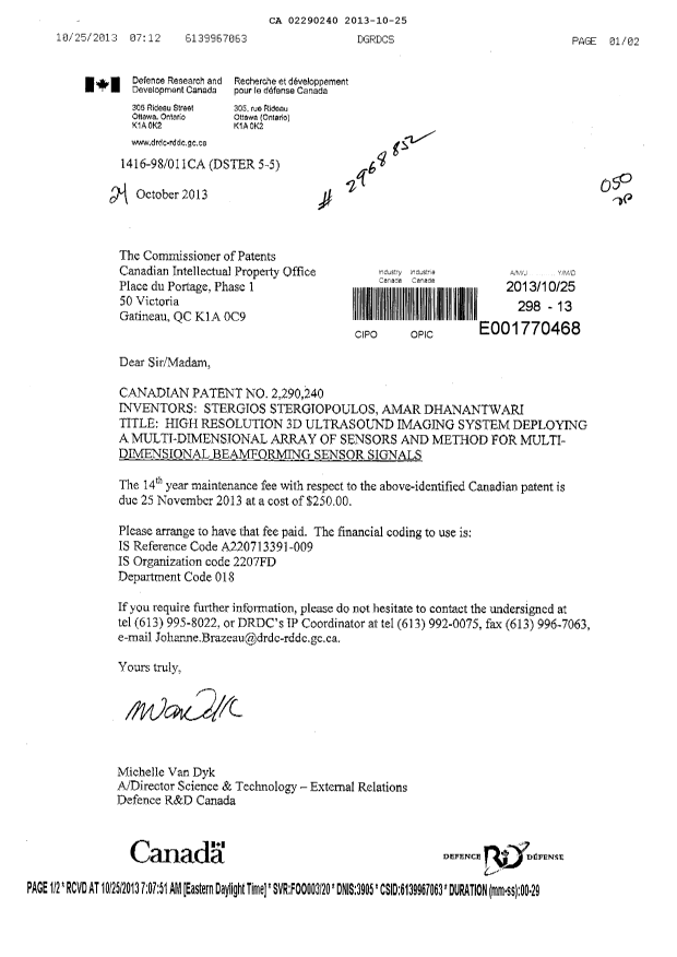 Canadian Patent Document 2290240. Fees 20131025. Image 1 of 1