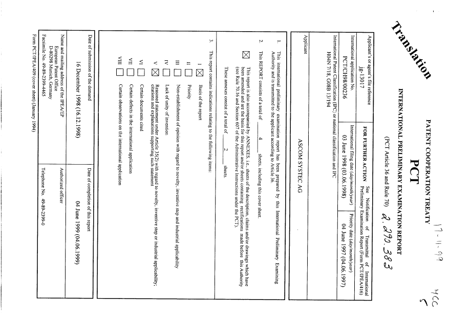 Document de brevet canadien 2290383. PCT 20000104. Image 1 de 3