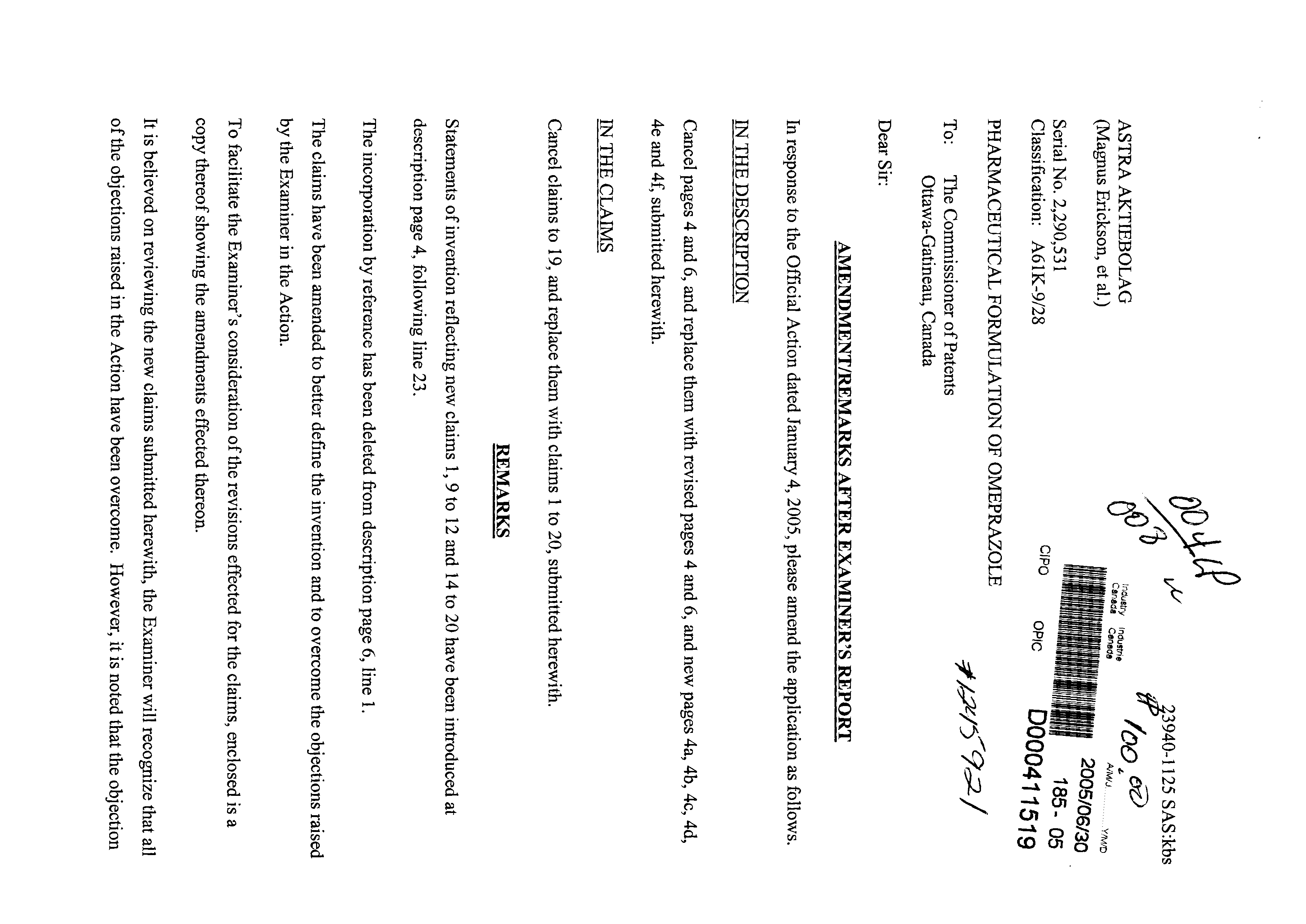 Document de brevet canadien 2290531. Cession 20041230. Image 1 de 2