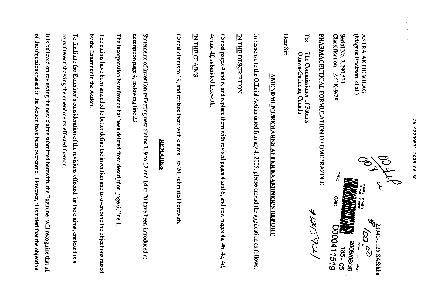 Document de brevet canadien 2290531. Poursuite-Amendment 20041230. Image 1 de 23