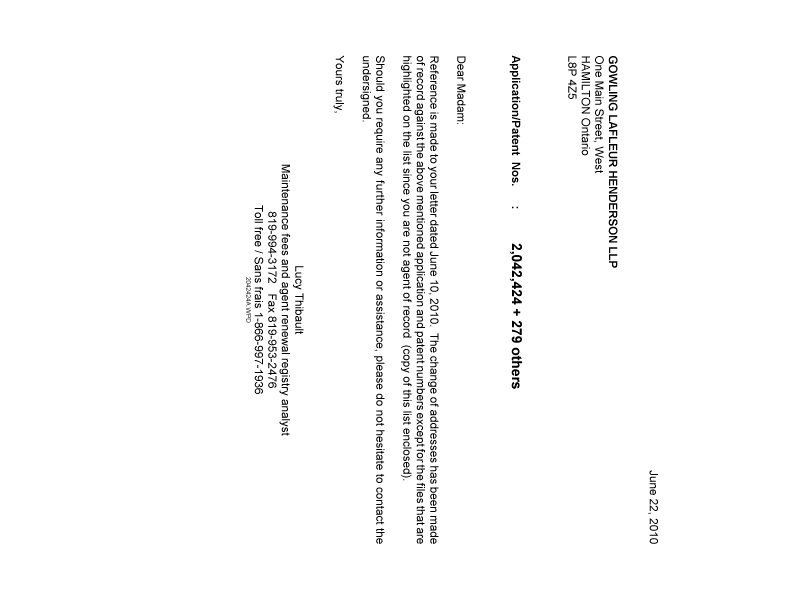 Document de brevet canadien 2290543. Correspondance 20100622. Image 1 de 1