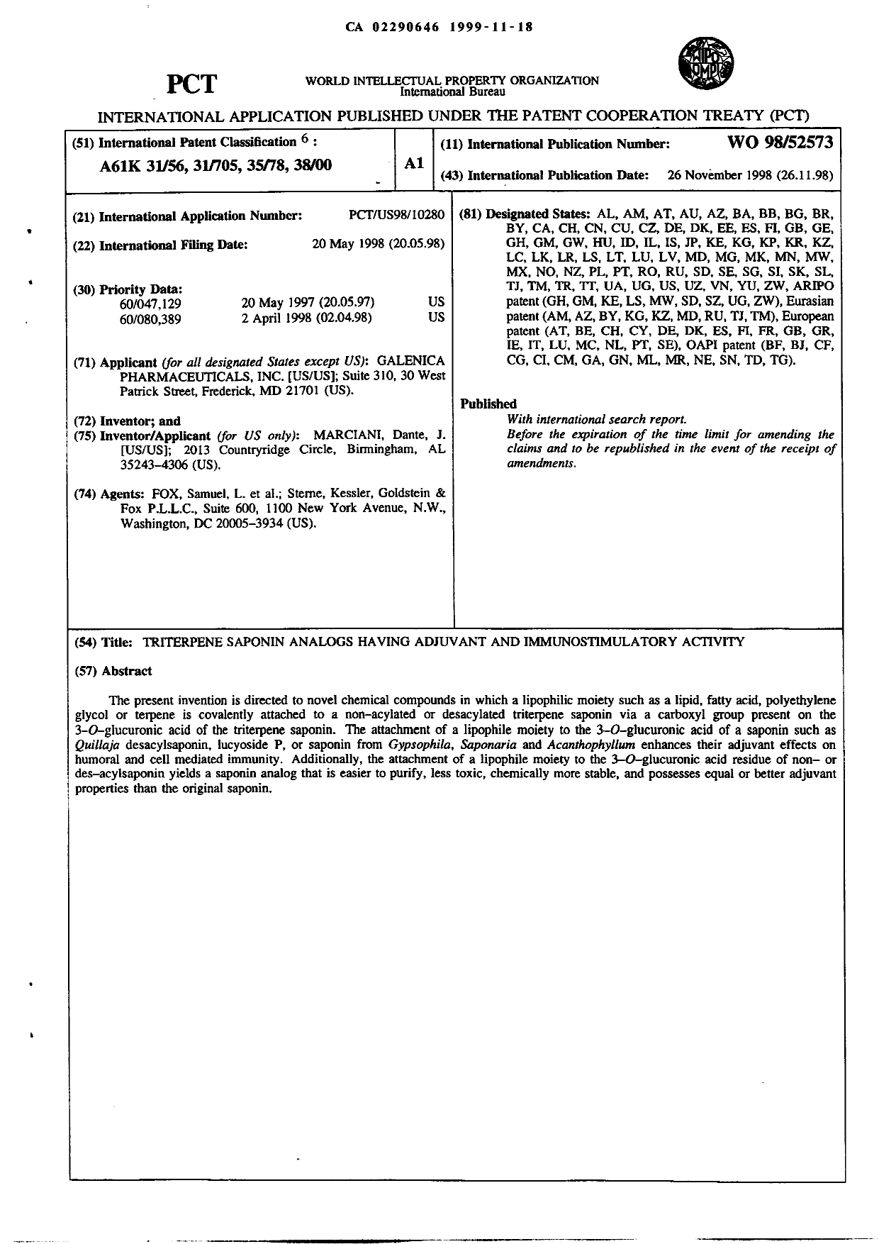 Document de brevet canadien 2290646. Abrégé 19991118. Image 1 de 1