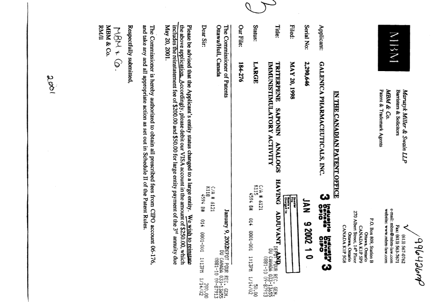 Document de brevet canadien 2290646. Taxes 20020109. Image 1 de 1