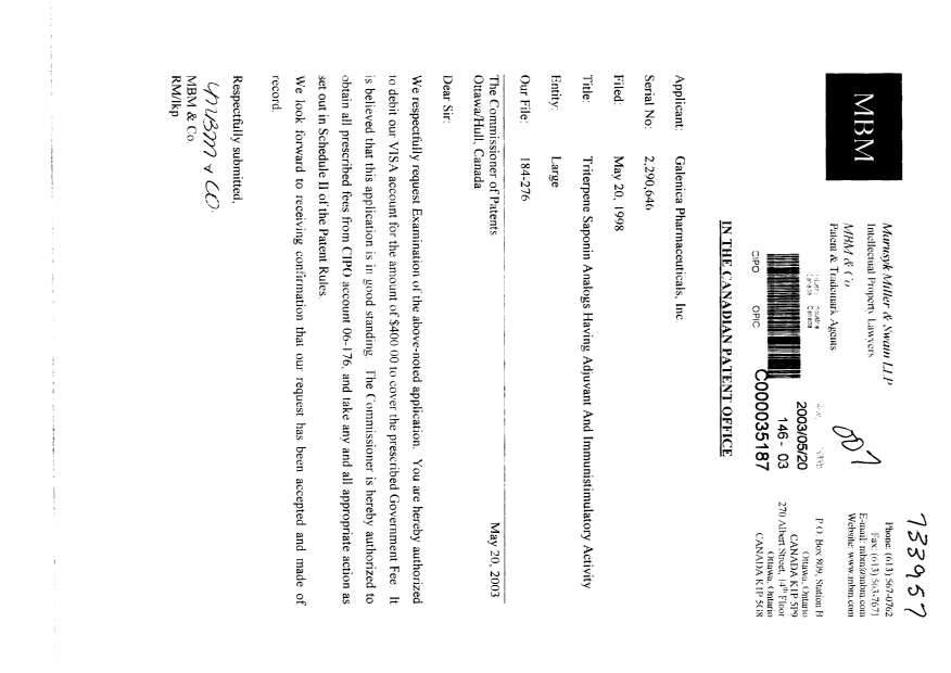 Document de brevet canadien 2290646. Poursuite-Amendment 20030520. Image 1 de 1