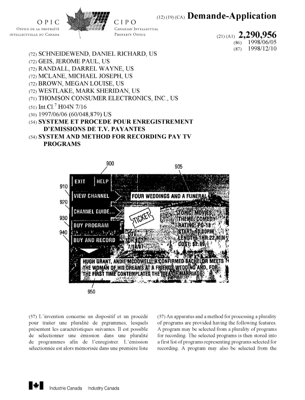 Canadian Patent Document 2290956. Cover Page 20000119. Image 1 of 2