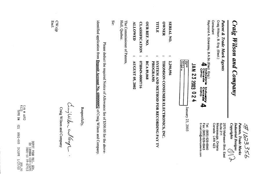 Canadian Patent Document 2290956. Correspondence 20030123. Image 1 of 1