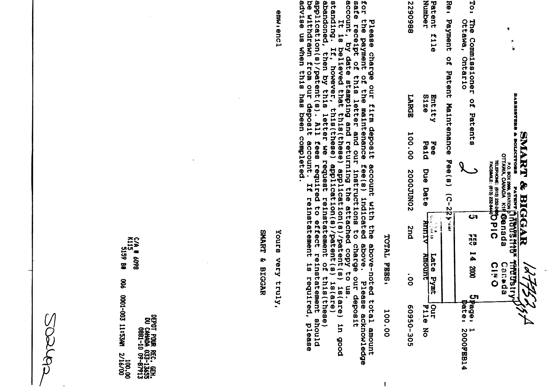 Canadian Patent Document 2290988. Fees 20000214. Image 1 of 1