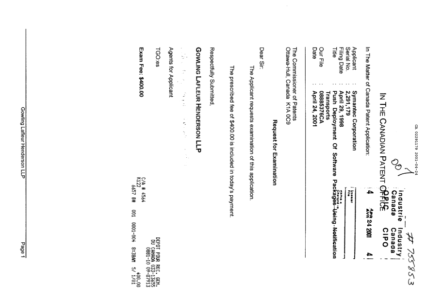 Document de brevet canadien 2291179. Poursuite-Amendment 20010424. Image 1 de 1