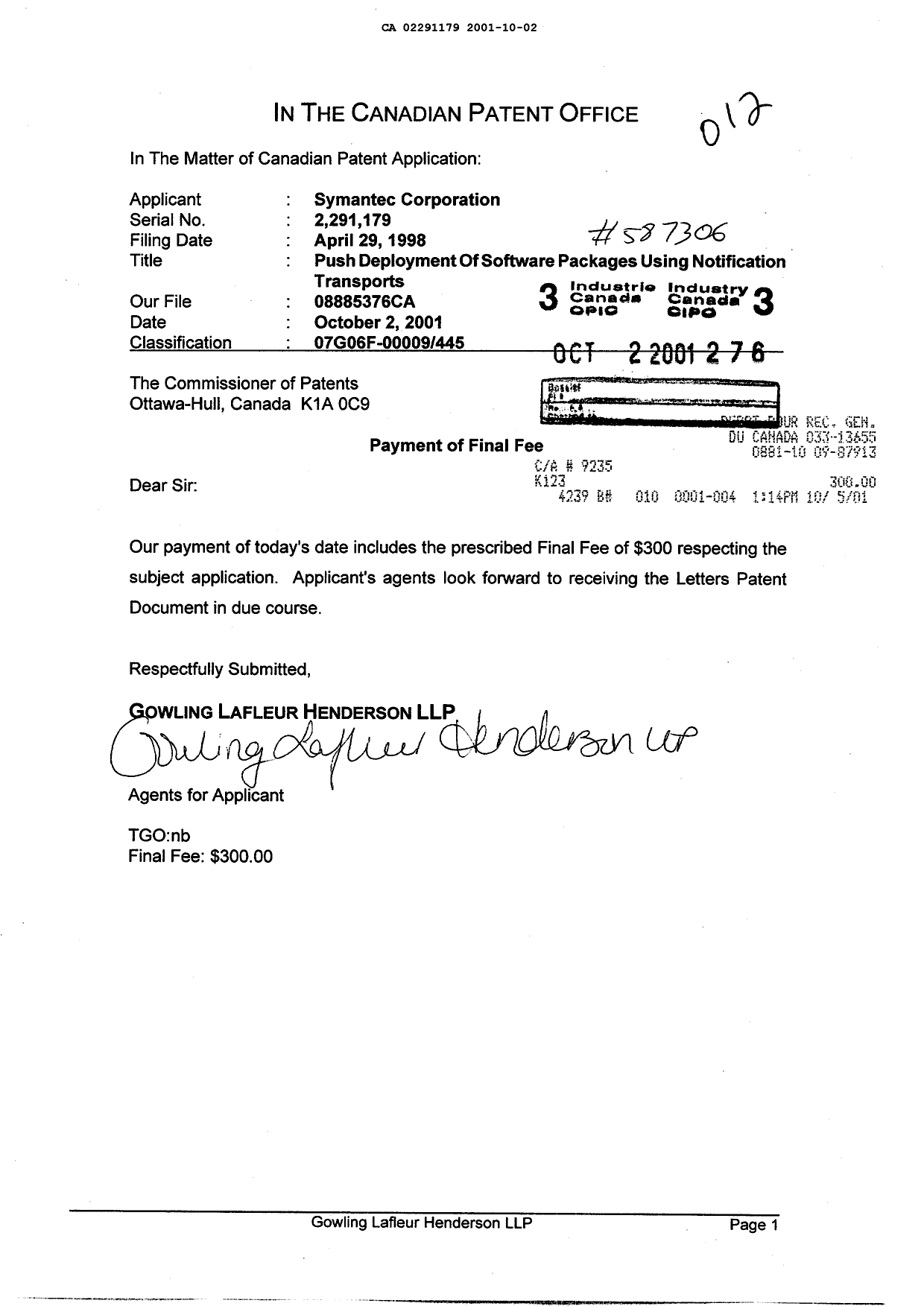 Document de brevet canadien 2291179. Correspondance 20011002. Image 1 de 1