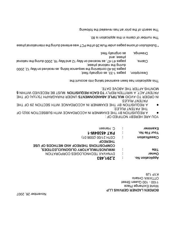 Canadian Patent Document 2291483. Prosecution-Amendment 20071126. Image 1 of 6