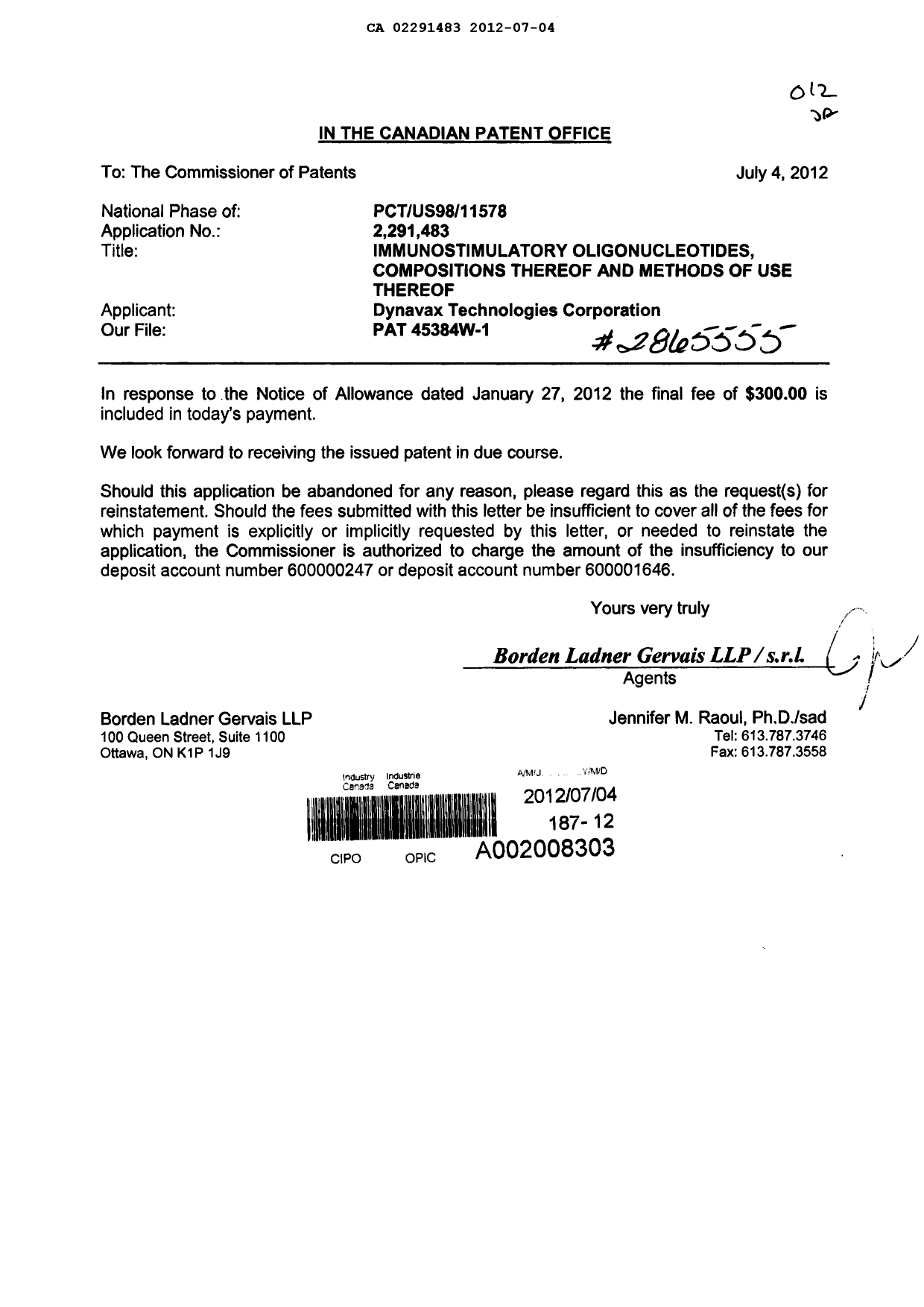 Document de brevet canadien 2291483. Correspondance 20120704. Image 1 de 1