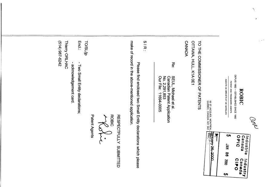 Canadian Patent Document 2291853. Correspondence 20000126. Image 1 of 3